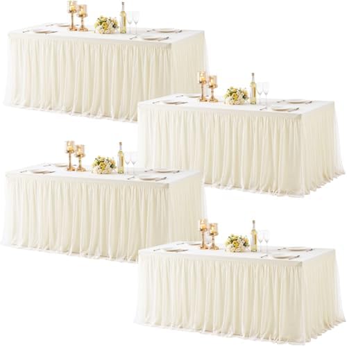 Ivory Fitted Tablecloth Rectangle 6 Foot Stretch Elastic Tulle Ruffle Tablecloths Rectangular Spandex Table Covers 6ft Birthday Baby Shower Party Wedding Table Cloths with Skirt 4Pack by LittleFunny