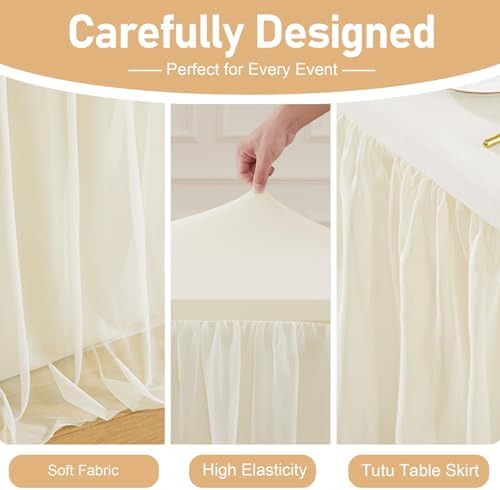 4 Pack Ivory Tablecloth Rectangle 6ft Elastic Fitted Tulle Table Cloth Stretch Spandex Rectangular Table Cover with Ruffle Skirt for Wedding Birthday Baby Shower Party Banquet Dessert Table Decor - Image 6