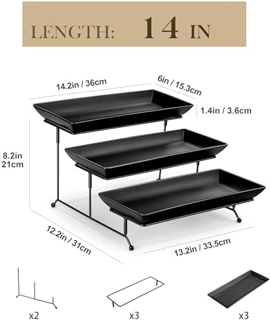 MALACASA 3 Tier Serving Trays for Party, Stoneware Serving Platters and Trays, 14 Inch Tiered Tray Stand, Fruit Tray, Trays for Serving Food, Black Dessert Stand with Collapsible Sturdier Metal Rack - Image 2