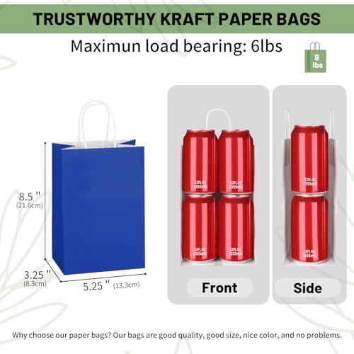 Mlyta 100 Pack 5.25x3.25x8.5 Inch Small Royal Blue Kraft Paper Gift Bags with Handles Bulk for Goodie Party Favor Brithday Grocery Shopping Business Wedding Retail Craft Treat To Go, Merchandise Sacks - Image 3