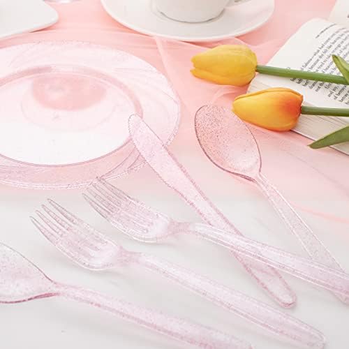 WDF 360 Pink Glitter Plastic Silverware - Disposable Glitter Cutlery - Plastic Silverware inluding 120 Forks, 120 Spoons, 120 Knives for Pink Birthday,Baby Shower - Image 5