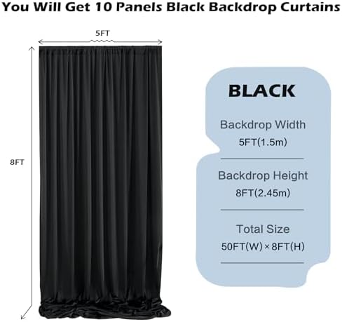 50ft x 8ft Wrinkle Free Black Backdrop Curtain for Parties Weddings, 10 Panels Silk Polyester Black Drapes for Backdrop 10 ft Photo Back Drop Cloth for Birthday Graduation Photography Background - Image 2