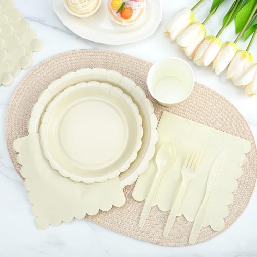 50 Set Disposable Dinnerware Sets Ivory Scalloped Plates Napkins - Image 4