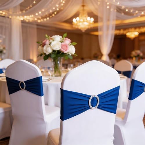 Pack of 100 Royal Blue Chair Sashes Bows Spandex Chair Bands Silver Buckle - Image 6