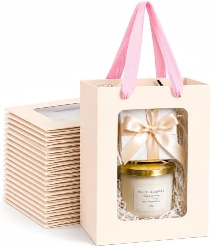 VAGREEZ Gift Bags with Clear Window, Reusable Small Medium Kraft Transparent Window Paper Bags with Handles in Assorted Colors and Bulk Pack for Party, Wedding, Birthday and Small Business, Blush Cream / Small / 30 Pack by VAGREEZ