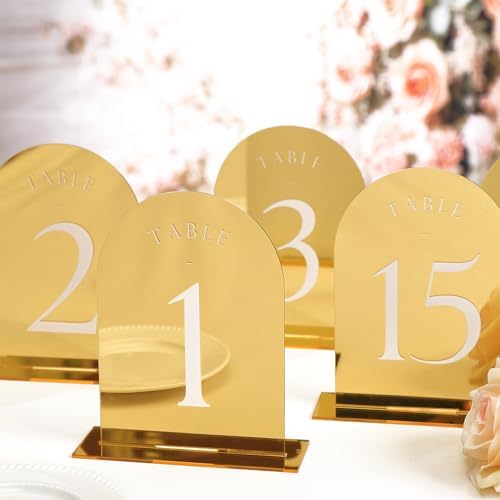 UNIQOOO Gold Mirror Arch Wedding Table Numbers with Stands 1-20, 5x7 Acrylic Display Signs and Holders, Pack of 20, Perfect for Centerpiece, Reception, Decoration, Party, Anniversary, Event - Image 4