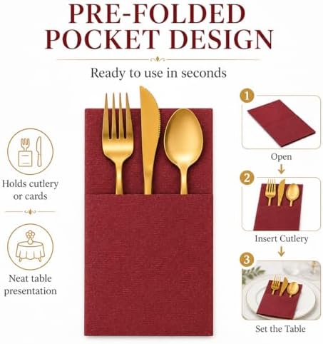 100Pcs Burgundy Napkins Disposable Linen Feel Dinner Paper Napkins with Built-in Flatware Pocket, 16in x 16in Airlaid Paper Pre-Folded Napkin for Silverware Baby Shower Easter Wedding Birthday Party - Image 6
