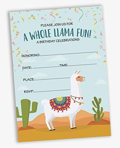 Pack of 30 Llama Kids Birthday Invitations, Boys or Girls Fill-in Style Invite, Children or Toddlers Baby First or 1st Bday Alpaca Cactus Fill in the Blank Invite Cards - Image 2