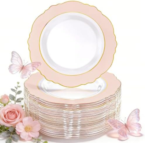 WDF 60pcs Pink Plastic Plates - 10.25inch Baroque Pink And Gold Disposable Dinner Plates for Upscale Parties -Special for Baby Shower/Birthday/Weddings by WDF