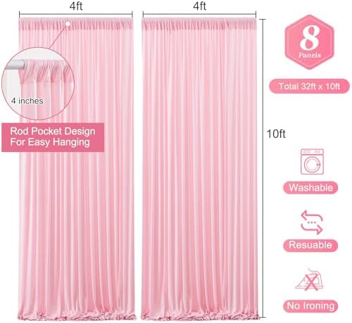 Pink Backdrop Curtains-Wrinkle-Free Polyester Photography Drapes Party Curtain Background for Baby Shower Wedding Decorations- 32 X10FT (Pink) - Image 3