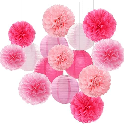 Light-Hot Pink Party-Decorations Paper-Flowers Lanterns - 29pcs Happy Banner Girl Birthday Decor Tissue Pom Poms Streamers, Bridal Baby Shower Wedding Bachelorette Valentine Hanging Supplies Hugfond - Image 3