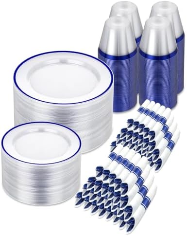 BESTSTAR 700PCS Clear and Blue Disposable Plastic Plates Set for 100 Guests by BESTSTAR