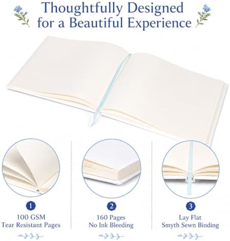 Embroidered Floral Guestbook for Wedding, Bridal Shower & Baby Shower, Linen Guest Sign-In Keepsake with Blank Ivory Pages, Lay-Flat Design & Ribbon Bookmark, 10.25” x 8.25” (Blue Floral) - Image 3