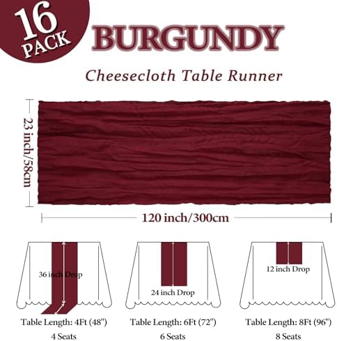 16 Pack 23 x 120 Inch Burgundy Table Runner 10Ft Cheesecloth - Image 2