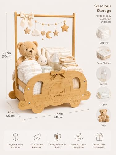 Fun-Plus Baby Shower Basket, Wooden Baby Shower Crate with Handle, Pumpkin Carriage Gift Basket for Baby Shower Centerpiece, Rustic Baby Gift Basket for New Parents - Image 4