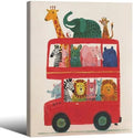 Wrapped Framed Cute Colorful Animal Canvas Wall Art Modern Funny Kids Posters Safari Animals On Red Bus Scene Prints For Toddler Bedroom Nursery Wall Decor 12x16 inch by Medpol