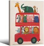 Wrapped Framed Cute Colorful Animal Canvas Wall Art Modern Funny Kids Posters Safari Animals On Red Bus Scene Prints For Toddler Bedroom Nursery Wall Decor 12x16 inch by Medpol
