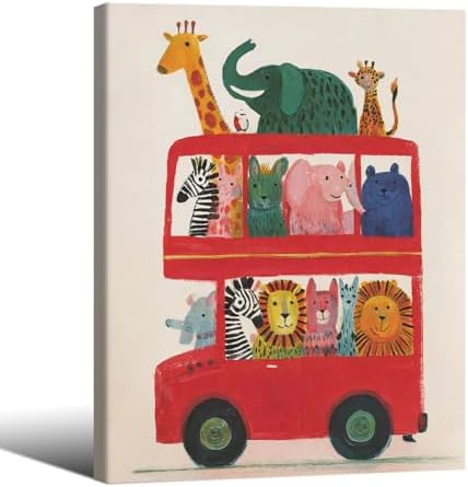 Wrapped Framed Cute Colorful Animal Canvas Wall Art Modern Funny Kids Posters Safari Animals On Red Bus Scene Prints For Toddler Bedroom Nursery Wall Decor 16x20 inch by Medpol