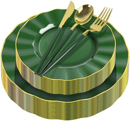 150Pcs Plastic Plates with Gold Rim,Heavy Duty Green Plates for 30 Guests,Plastic Dinnerware Set Include 30 Dinner Plate,30 Dessert Plate,90 Gold Cutlery Set for Party (Green) by ZHZJCKSHB