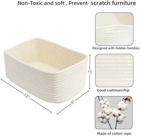 XUANGUO Small Woven Storage Baskets for Shelves, 13" x 9" x 5", White - Image 2