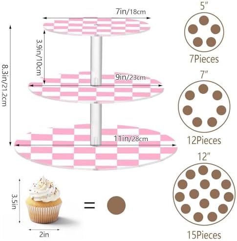 J JOYSAY Chess Checkerboard Pink White Print Acrylic Cupcake Stand 3 Tier Dessert Table Display Set Clear Cake Stands for Wedding Baby Shower Party Decorations Easy Assembly Macaron Tower - Image 3
