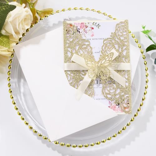 50PCS Gold Glitter Laser Cut Wedding Invitation with Butterfly Ribbons - Image 4
