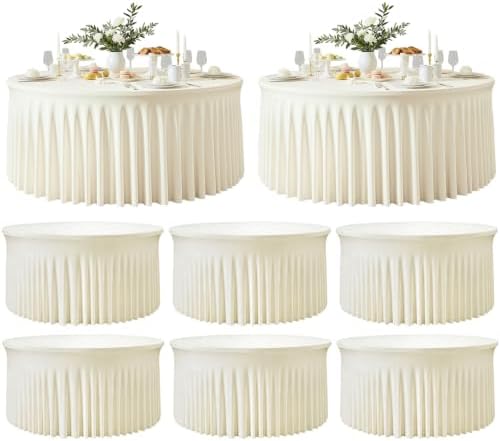 8 Pack Ivory Round Spandex Tablecloths, 5FT/60In Stretchy Table Cloth with Skirt, Washable Fitted Tablecloth, Circle Wrinkle Free Table Cover for Wedding Party Dining Banquet Event by Torrowsrort