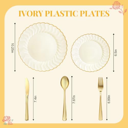Ivory Disposable Plastic Plates 125pcs Scalloped Gold Rim for 25 Guests - Image 2