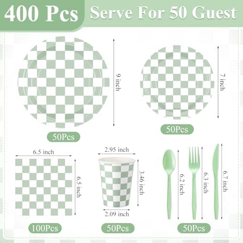 Pickmesh Sage Green and White Checkered Party Decorations Plates Serve 50 - Image 3