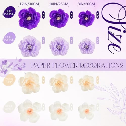 Cholemy 24 Pcs Tissue Paper Flowers, Crepe Paper Flowers Decorations 8" 10" 12" for Wedding Party Baby Bridal Shower Carnival Party Birthday Nursery Wall Decor (Purple,Light Purple,White,Beige) - Image 2