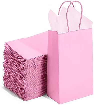 DjinnGlory 100 Pack Small Sized Pink Paper Gift Bags with Handles Bulk for Small Business, Boutiques, Baby Showers, Party Supplies, Retails, 9x5.5x3.15 Inch by GiftWrappingSupplies