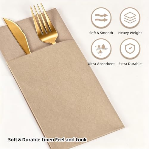 KAMMAK Khaki Napkins Disposable with Pocket 100 Pack Cloth like Paper Dinner Napkins Folded Hand Towel for Party Decoration, Wedding Reception, Bathroon and Kitchen (16.5 x 16.5 inch) - Image 5
