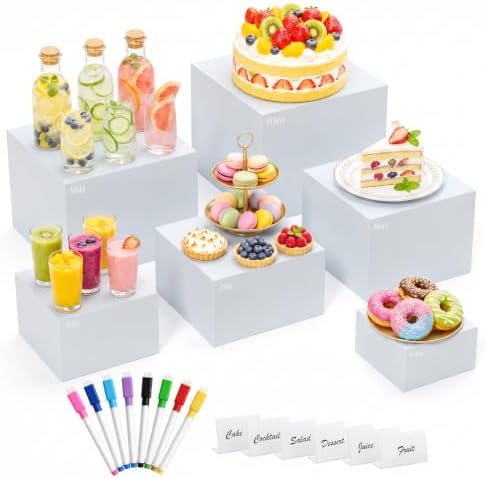 6 Pcs White Buffet Risers with Mini Sign and Marker, Food Risers Display Stands for Buffet Table Party Catering Dessert Jewelry Collectibles,Cube Nesting Boxes with Hollow Bottoms 6 Sizes (10" 9" 8" 7" 6" 5") by URLINE