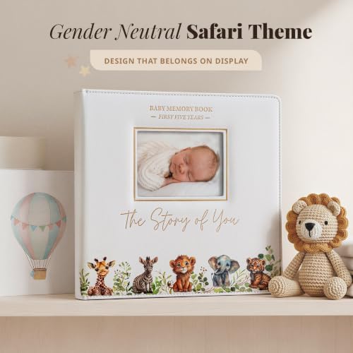 Baby Book Keepsake - Timeless Baby Memory Book for Boy or Girl I First 5 Year I Faux Leather, Gender Neutral, Safari Theme w/Gold Foil Stamp - Baby First Year Book Journal Scrapbook Photo Album Shower - Image 4