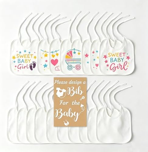 Baby Shower Bib Decorating Kit, 93 Pcs DIY Party Game with 22 White Bibs, 24 Markers, 25 Stencils, Gender Reveal Activity (wood grain) by MOVEBO