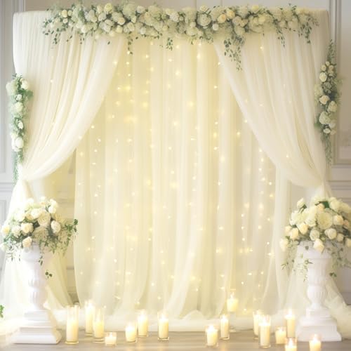 20x8ft Ivory Tulle Backdrop Curtain with Lights String for Parites, Sheer Backdrop Curtains for Wedding Baby Shower Birthday Party Photo Shoot Decorations by Partisky