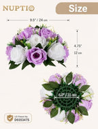 NUPTIO Flower Wedding Centrepieces for Tables - 10 Pcs 9.5in Diameter Lilac & White Artificial Flowers Rose Ball for Centerpieces Table - Fake Rose Arrangements for Weddings Birthday Party Decor - Image 4