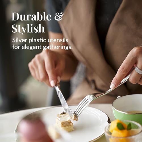 Prestee 300 Piece Heavy Duty Plastic Silverware Set - 100 of Each Silver Plasticware Forks, Spoons, Knives - Flatware Cutlery for Weddings - Durable Disposable Plastic Utensils for Catering, Buffets - Image 2