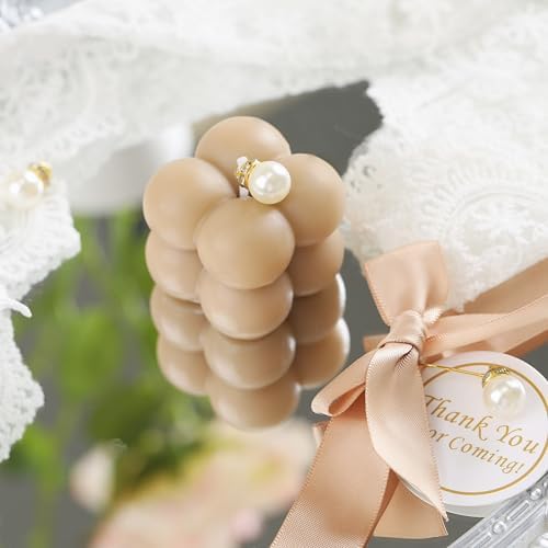 ACITHGL 30 Sets Small Bubble Candle Wedding Candles Favors for Guests Bulk Bridal Shower Favors Candles with Stylish Ribbons Thank You Cards Gifts (Tan) - Image 4