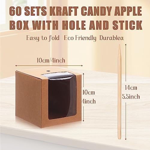 Yahenda 60 Pcs Kraft Candy Apple Boxes 4" x 4" x 4" With Hole and Stick - Clear Window Gift Boxes for Cake, Cookies, Chocolate, Caramel Apples - Wedding, Baby Shower Party (Brown) - Image 2