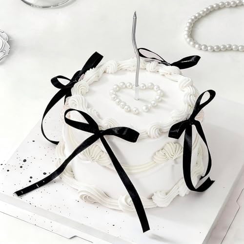 JarThenaAMCS 6 Inch White Fake Cake with Black Bows Round Artificial Fake Birthday Cake Coquette Dessert Decor for Wedding Party Display Photo Props Supplies by JarThenaAMCS