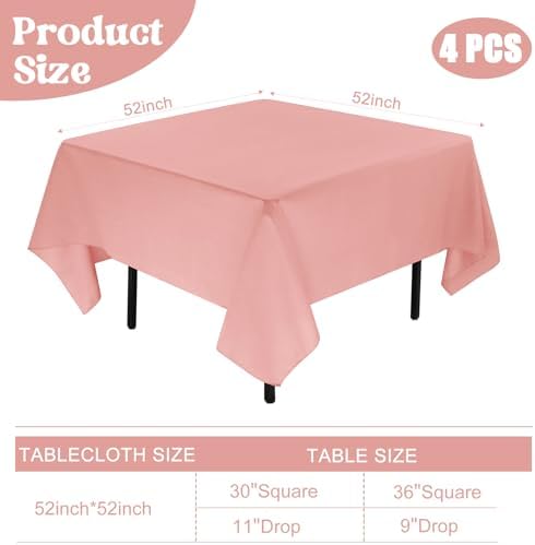 4 Pack Square Table Cloth 52x52 Inch Tablecloth Machine Washable Fabric Polyester Table Cover for Dining, Buffet Parties, Picnic, Events, Weddings Decor（Dusty Rose） - Image 2