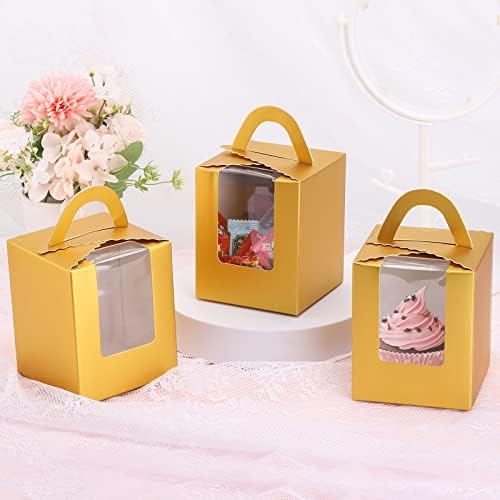 acDesign 100 Pcs Cupcake Holders Individual 3.6in*3.6in*4.3in Cupcake Boxes With Window Handle and Inserts for Bakery Wrapping Party Favor Packing(Gold) - Image 4