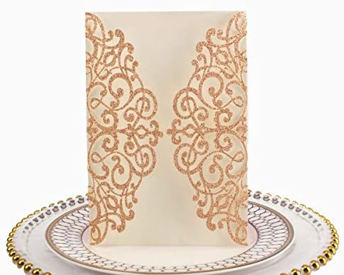 50 pcs 250GSM Rose Red Glitter Wedding Invitations Cards Laser Cut Pocket Covers only, no envelope,no insert 5x7 by Unknown