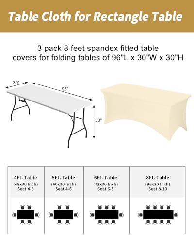Fixwal 3 Pack 8FT Ivory Tablecloth Rectangle Spandex Fitted Table Cover - Image 3