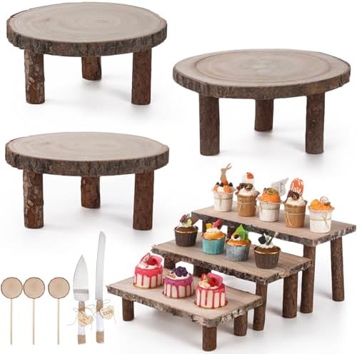 Jetec 11 Pcs Wood Cake Stand Rectangular Round Rustic Wedding Cake Holder Tray with Wooden Slice Toppers and Cutter for Wedding Reception Party Event by Jetec