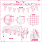 Pink 254 Pcs Gingham Plates Napkins Party Supplies for 50 - Image 3