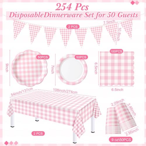 Pink 254 Pcs Gingham Plates Napkins Party Supplies for 50 - Image 3