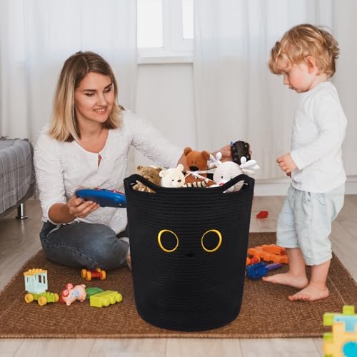 Tall Black Cat Laundry Basket for Nursery, Cute Large Woven Cotton Rope - Image 5