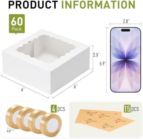 6x6x2.5 Auto-Popup Small Cookie Boxes with Window, White, 60 Pack - Image 2